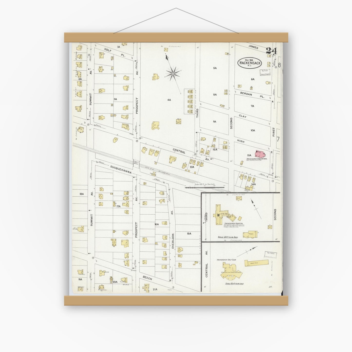 Old map wall art mockup — magnetic wood frame on white wall — Sanborn Fire Insurance Map from Hackensack, Bergen County, New Jersey (1908), Sheet #0024