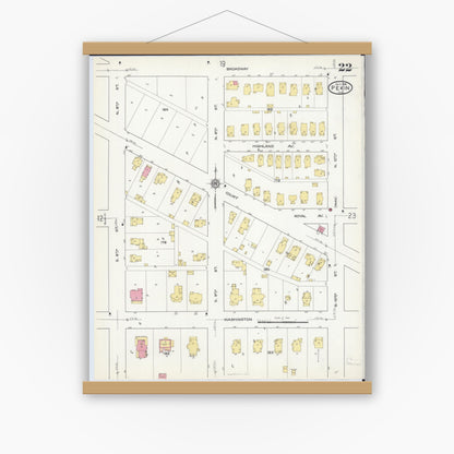 Old map wall art mockup — magnetic wood frame on white wall — Sanborn Fire Insurance Map from Pekin, Tazewell County, Illinois (1916), Sheet #0022