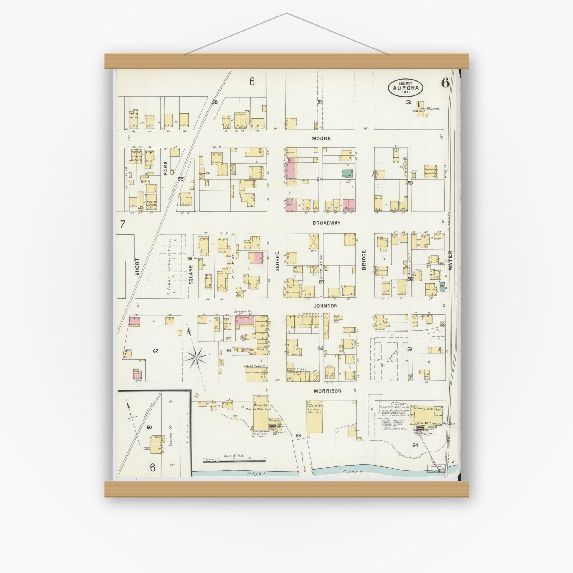 Old map wall art mockup — magnetic wood frame on white wall — Sanborn Fire Insurance Map from Aurora, Dearborn County, Indiana (1897), Sheet #0006