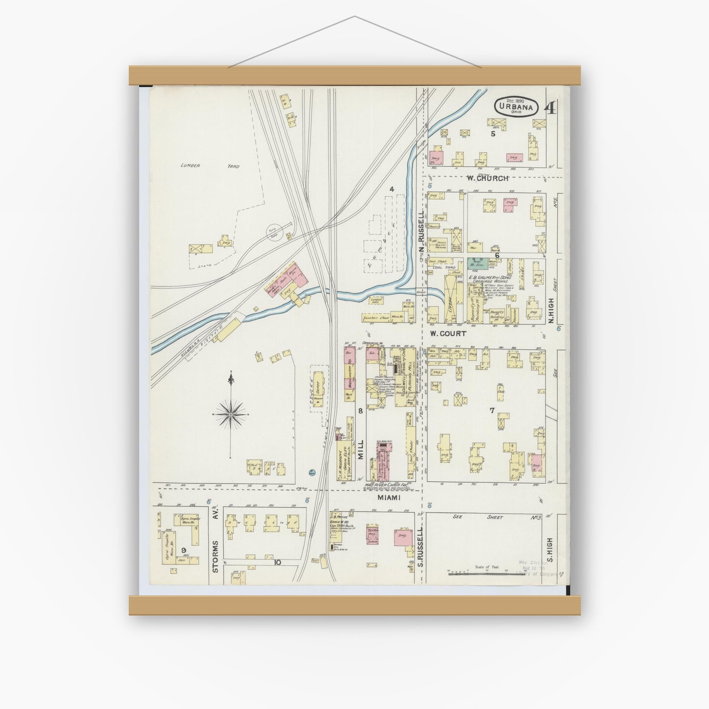 Old map wall art mockup — magnetic wood frame on white wall — Sanborn Fire Insurance Map from Urbana, Champaign County, Ohio (1890), Sheet #0004