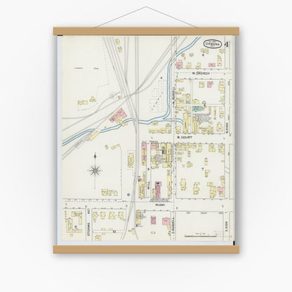 Old map wall art mockup — magnetic wood frame on white wall — Sanborn Fire Insurance Map from Urbana, Champaign County, Ohio (1890), Sheet #0004
