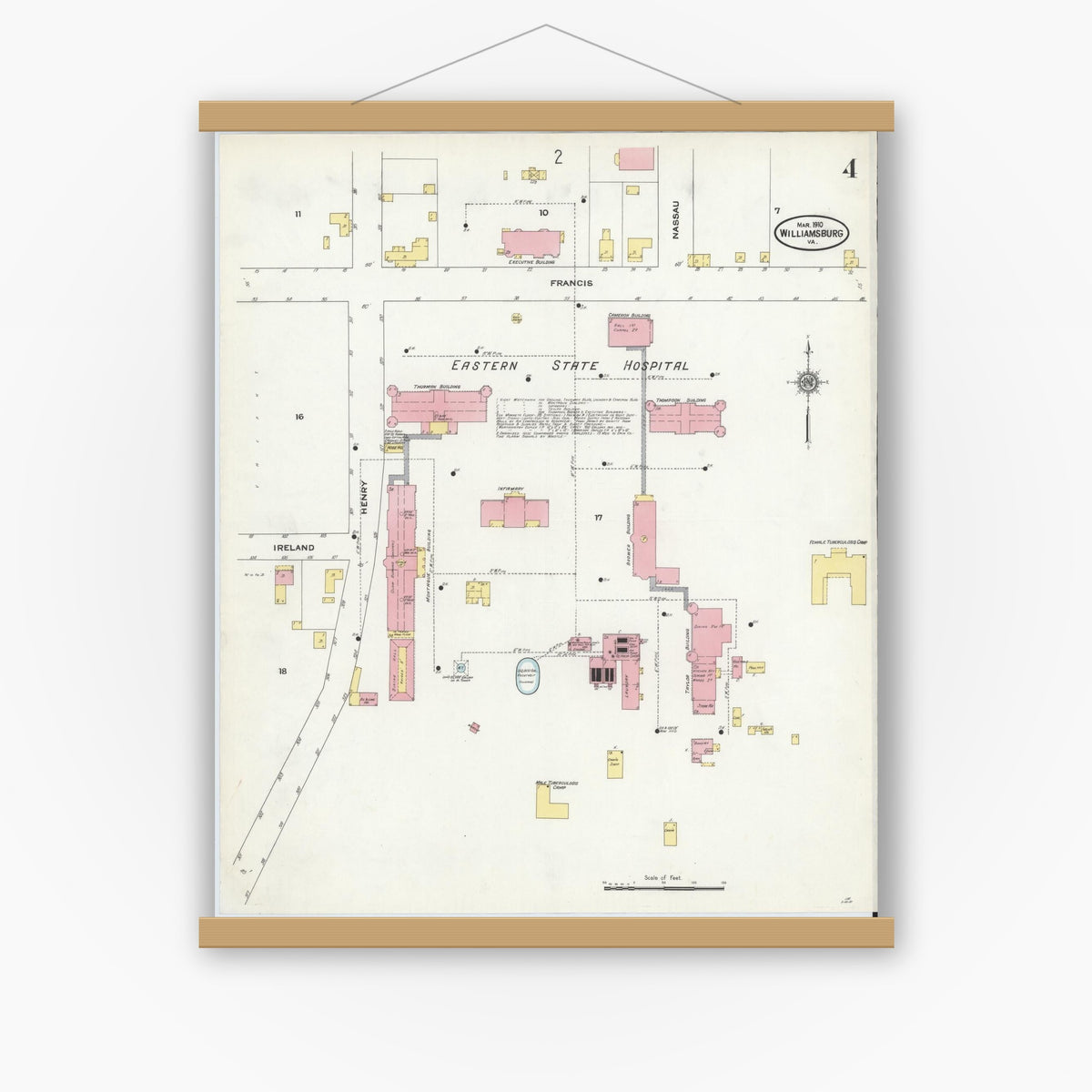 Old map wall art mockup — magnetic wood frame on white wall — Sanborn Fire Insurance Map from Williamsburg, Independent Cities, Virginia (1910), Sheet #0004