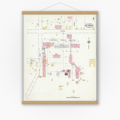 Old map wall art mockup — magnetic wood frame on white wall — Sanborn Fire Insurance Map from Williamsburg, Independent Cities, Virginia (1910), Sheet #0004