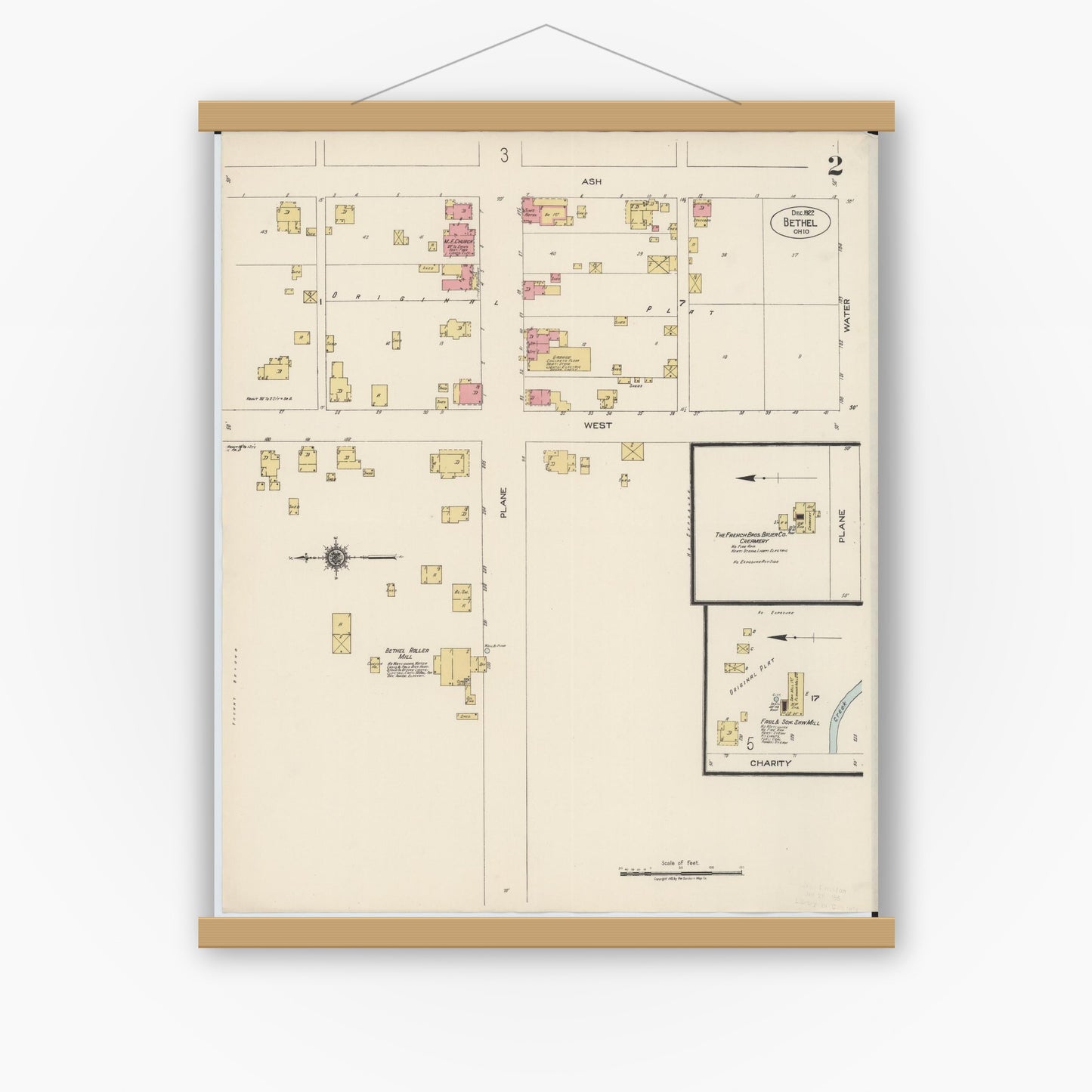 Old map wall art mockup — magnetic wood frame on white wall — Sanborn Fire Insurance Map from Bethel, Clermont County, Ohio (1922), Sheet #0002