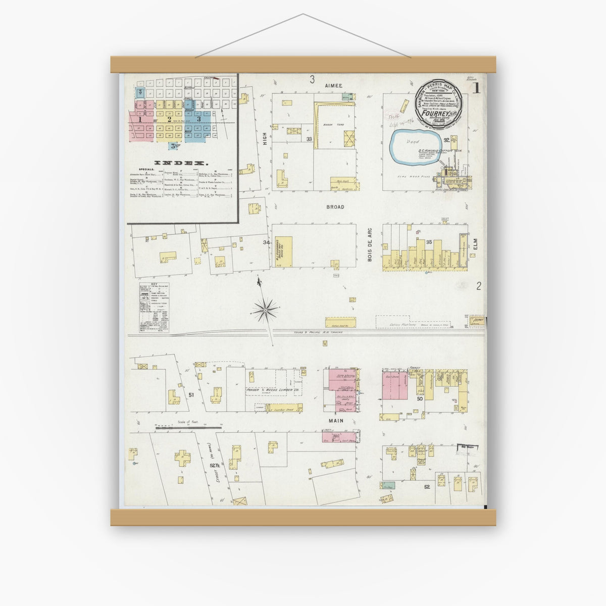 Old map wall art mockup — magnetic wood frame on white wall — Sanborn Fire Insurance Map from Forney, Kaufman County, Texas (1896), Sheet #0001