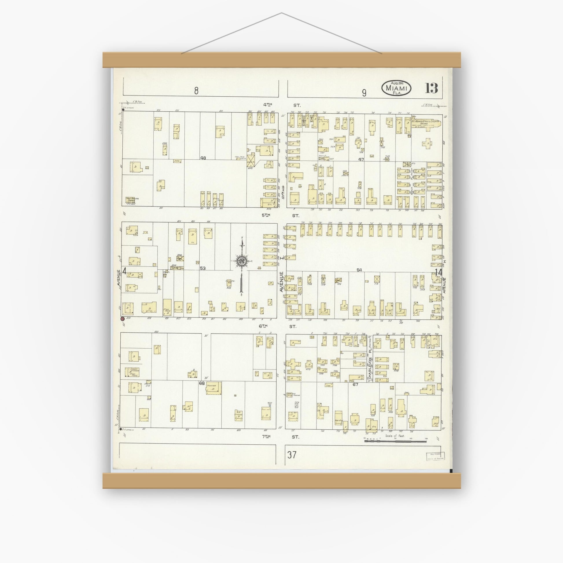 Old map wall art mockup — magnetic wood frame on white wall — Sanborn Fire Insurance Map from Miami, Dade County, Florida (1914), Sheet #0013