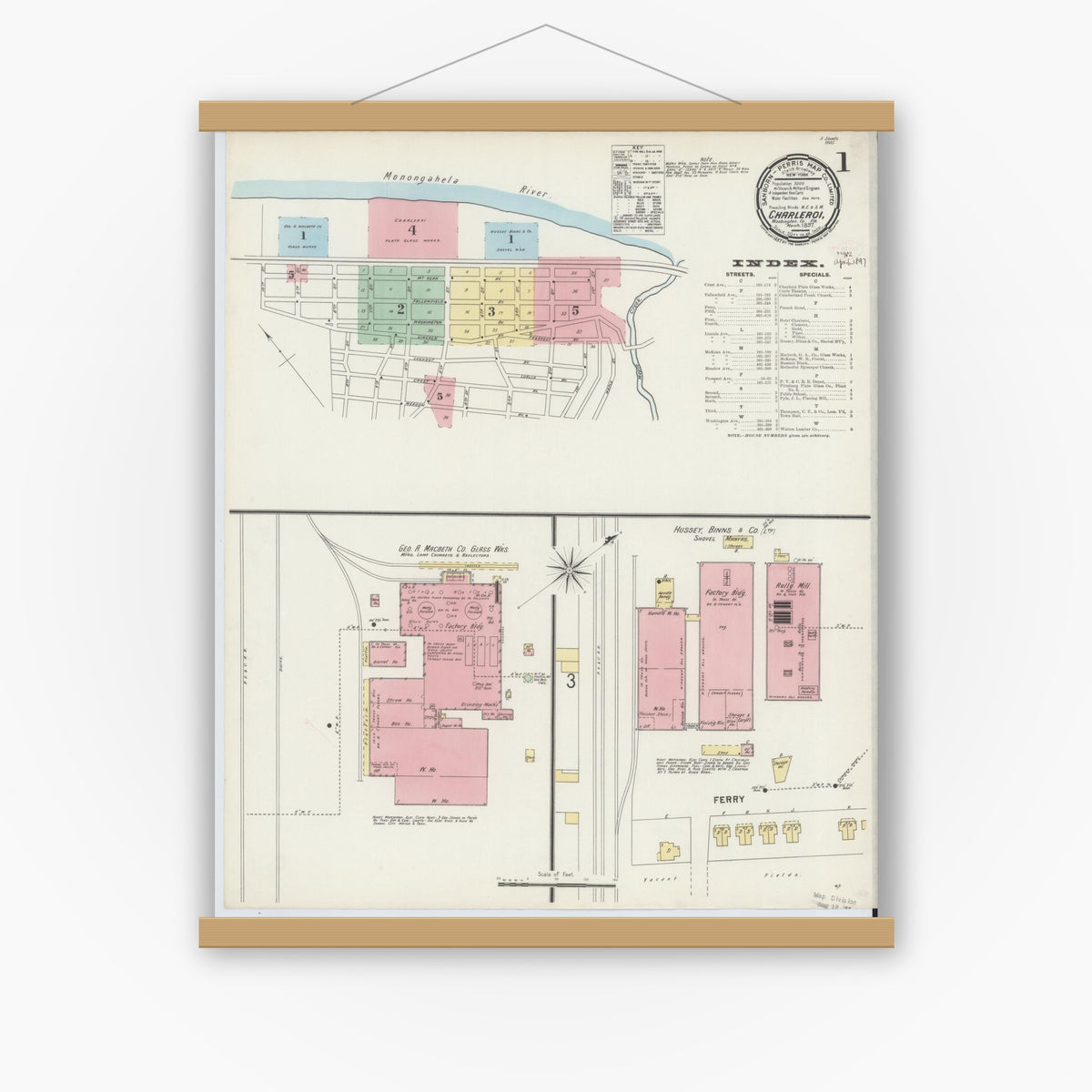 Old map wall art mockup — magnetic wood frame on white wall — Sanborn Fire Insurance Map from Charleroi, Washington County, Pennsylvania (1897) - Complete Map Set