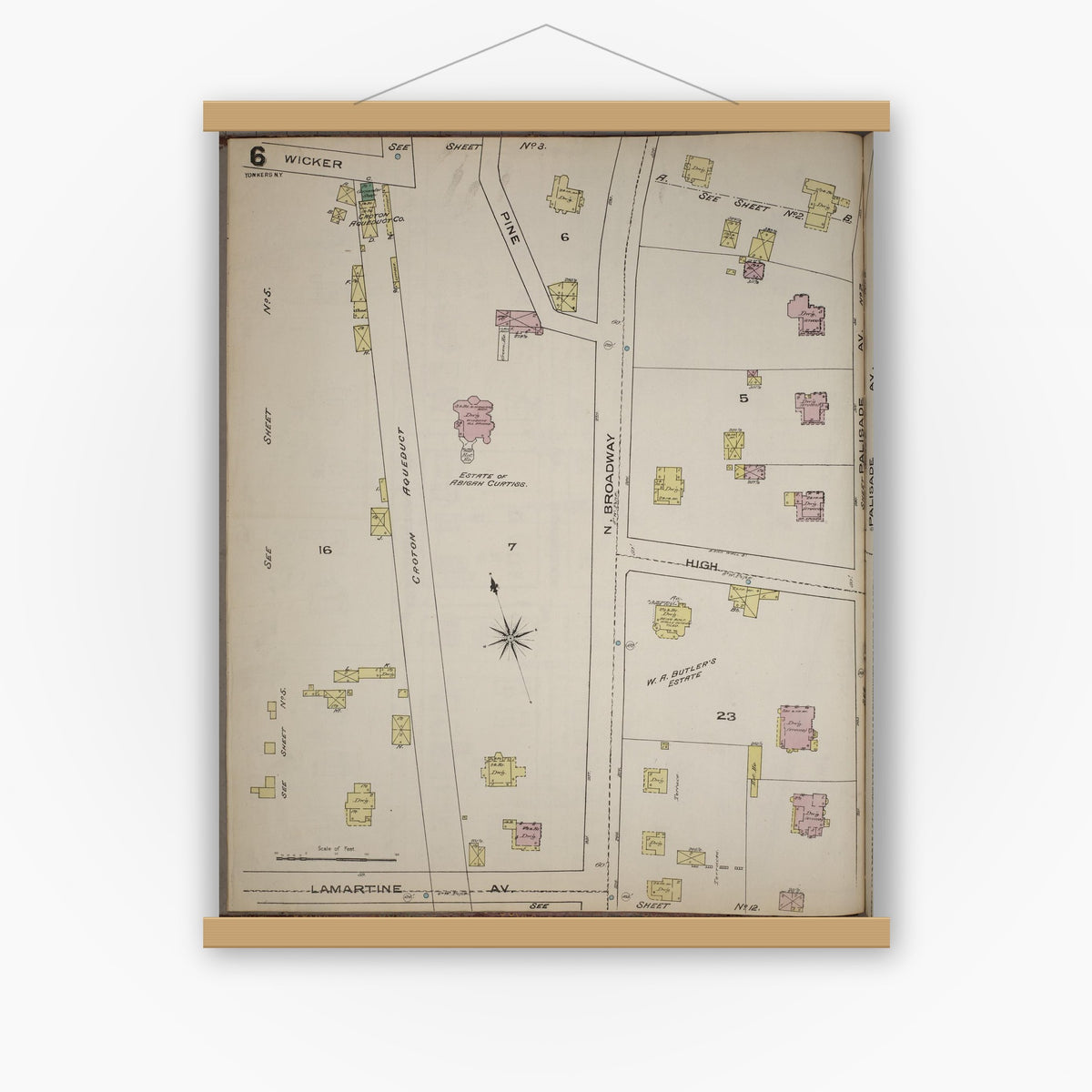 Old map wall art mockup — magnetic wood frame on white wall — Sanborn Fire Insurance Map from Yonkers, Westchester County, New York (1886), Sheet #0006