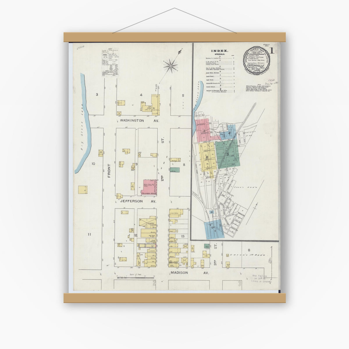 Old map wall art mockup — magnetic wood frame on white wall — Sanborn Fire Insurance Map from Ortonville, Big Stone County, Minnesota (1893), Sheet #0001