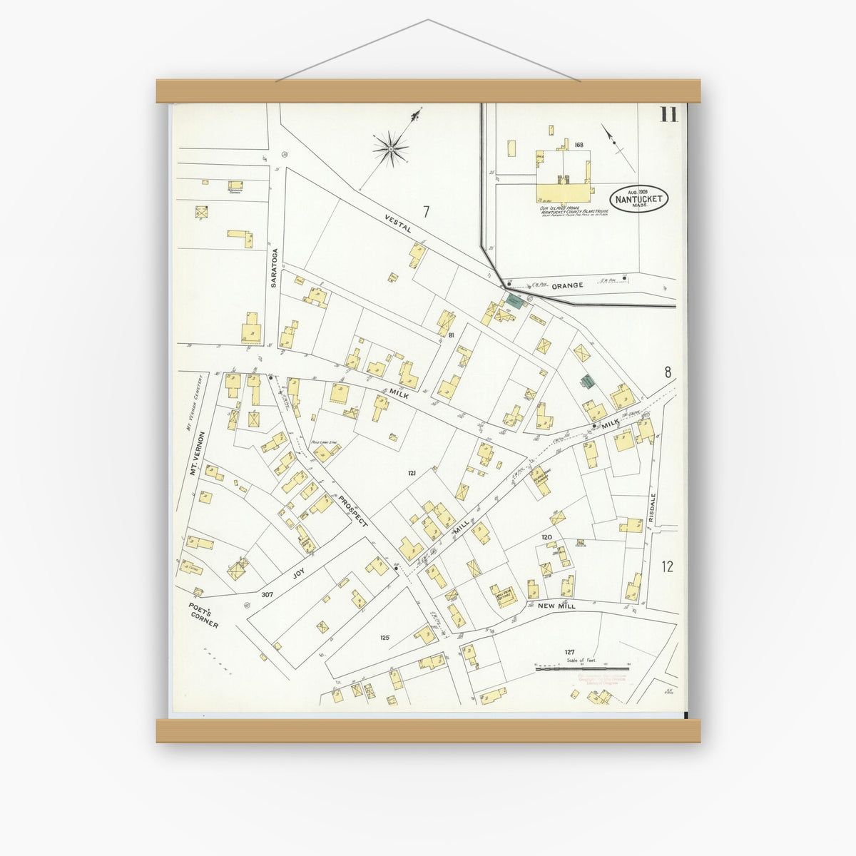 Old map wall art mockup — magnetic wood frame on white wall — Sanborn Fire Insurance Map from Nantucket, Nantucket County, Massachusetts (1909), Sheet #0011