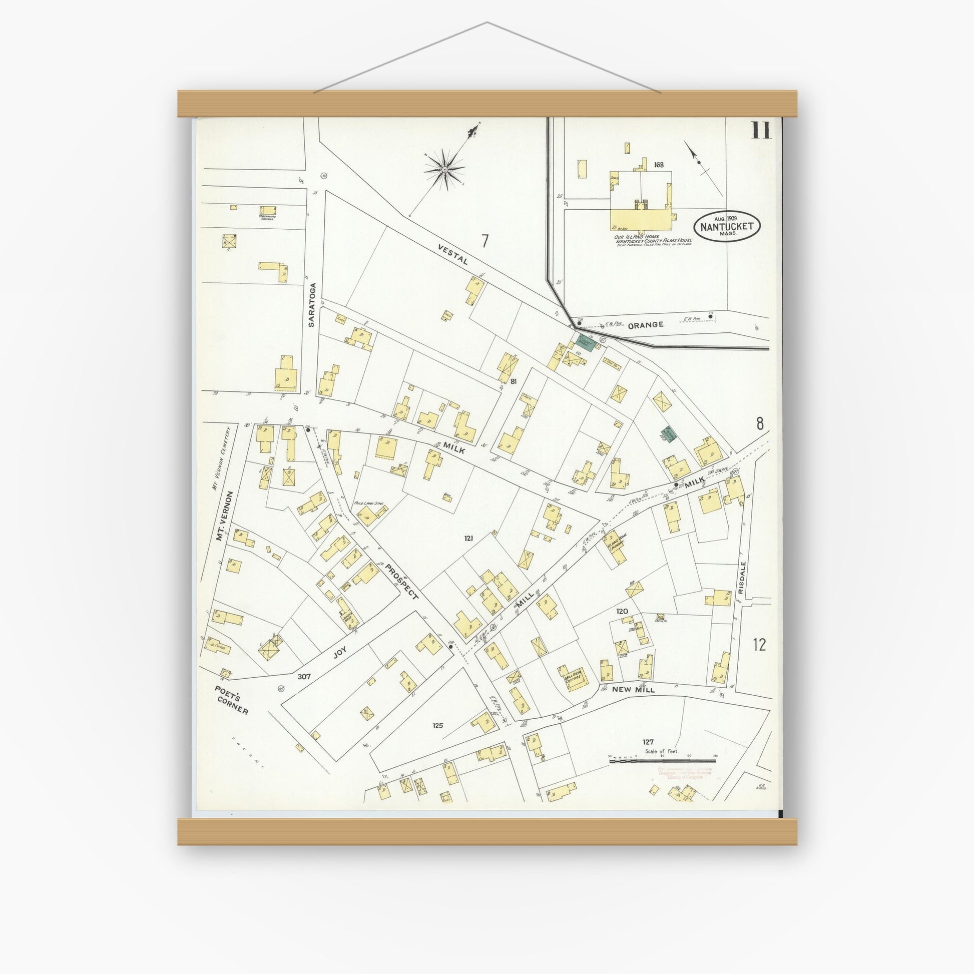 Old map wall art mockup — magnetic wood frame on white wall — Sanborn Fire Insurance Map from Nantucket, Nantucket County, Massachusetts (1909), Sheet #0011