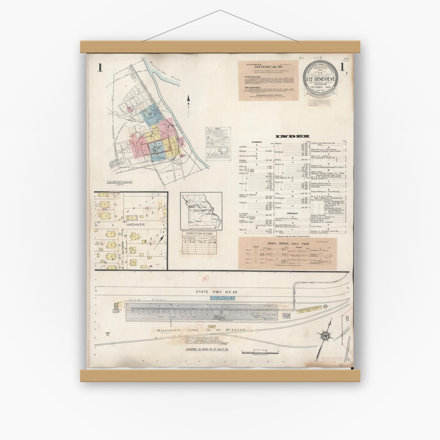 Old map wall art mockup — magnetic wood frame on white wall — Sanborn Fire Insurance Map from Sainte Genevieve, Saint Genevieve County, Missouri (1945), Sheet #0001