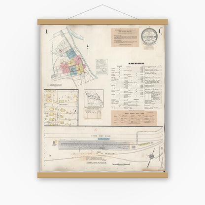 Old map wall art mockup — magnetic wood frame on white wall — Sanborn Fire Insurance Map from Sainte Genevieve, Saint Genevieve County, Missouri (1945), Sheet #0001