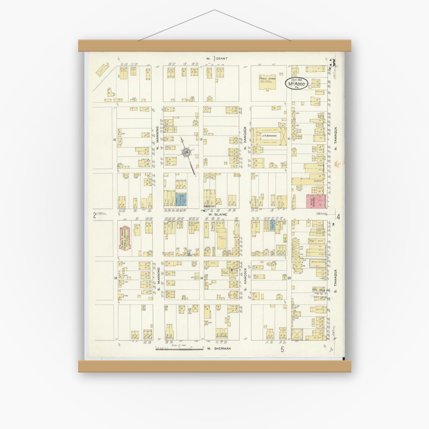 Old map wall art mockup — magnetic wood frame on white wall — Sanborn Fire Insurance Map from McAdoo, Schuylkill County, Pennsylvania (1912), Sheet #0003