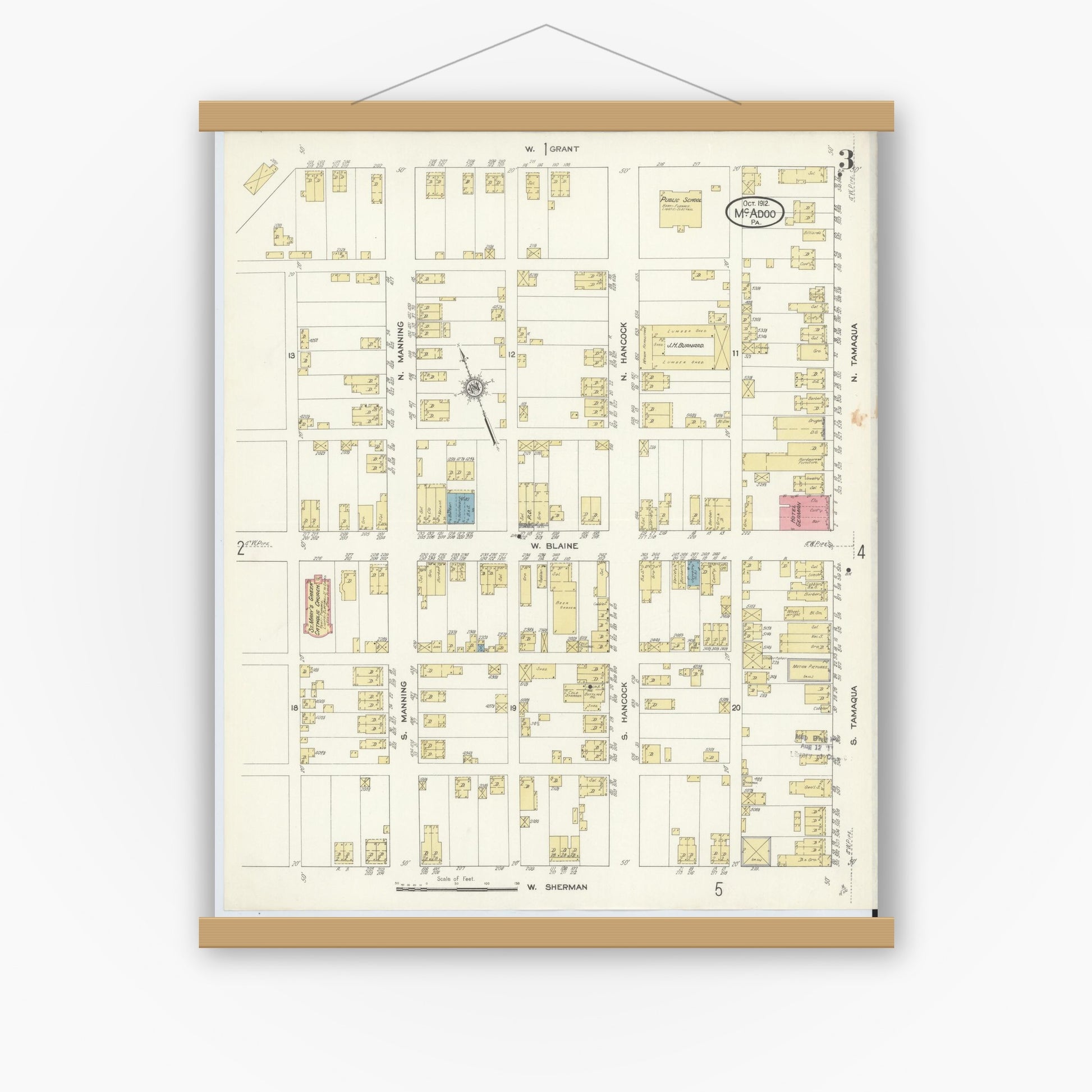 Old map wall art mockup — magnetic wood frame on white wall — Sanborn Fire Insurance Map from McAdoo, Schuylkill County, Pennsylvania (1912), Sheet #0003