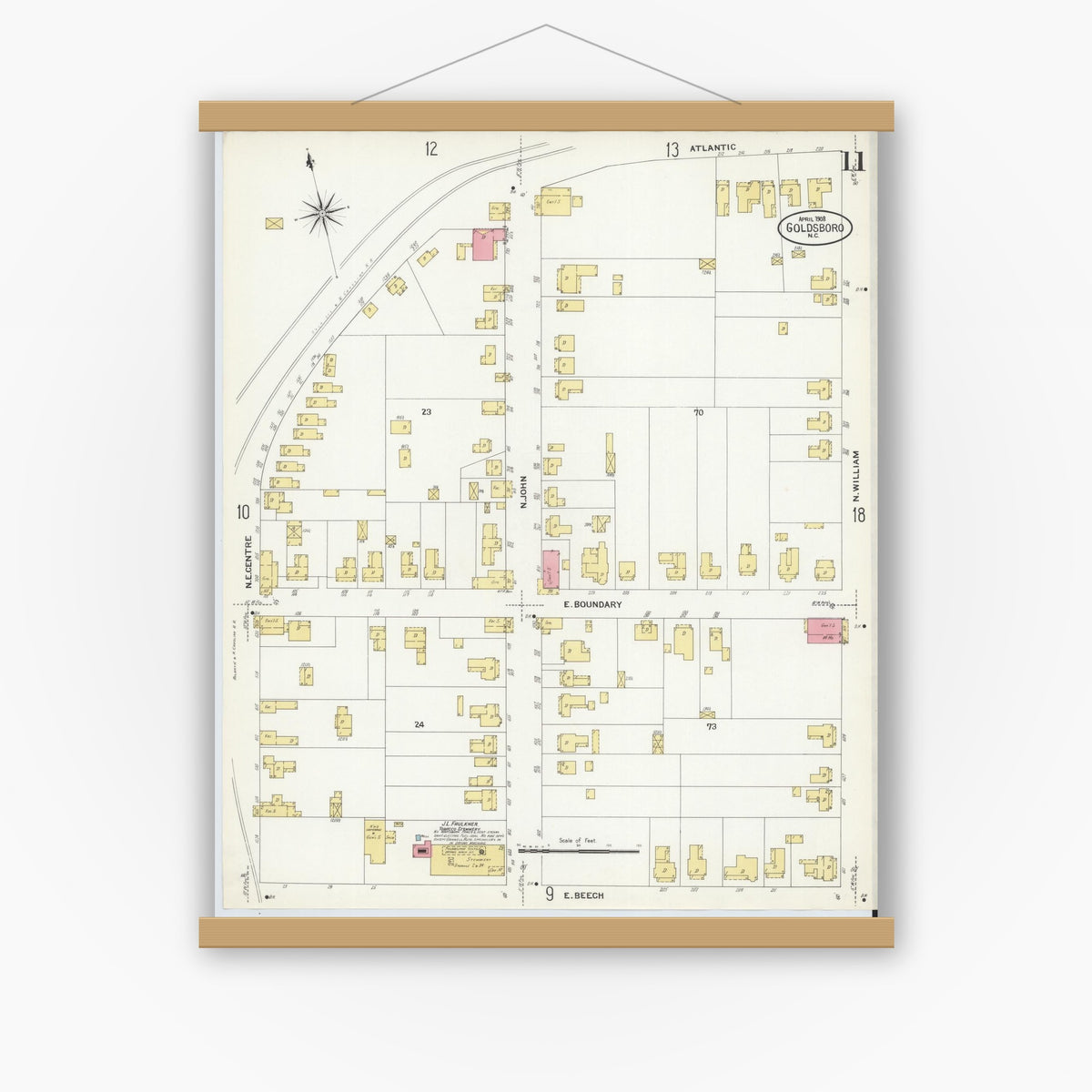 Old map wall art mockup — magnetic wood frame on white wall — Sanborn Fire Insurance Map from Goldsboro, Wayne County, North Carolina (1908), Sheet #0011