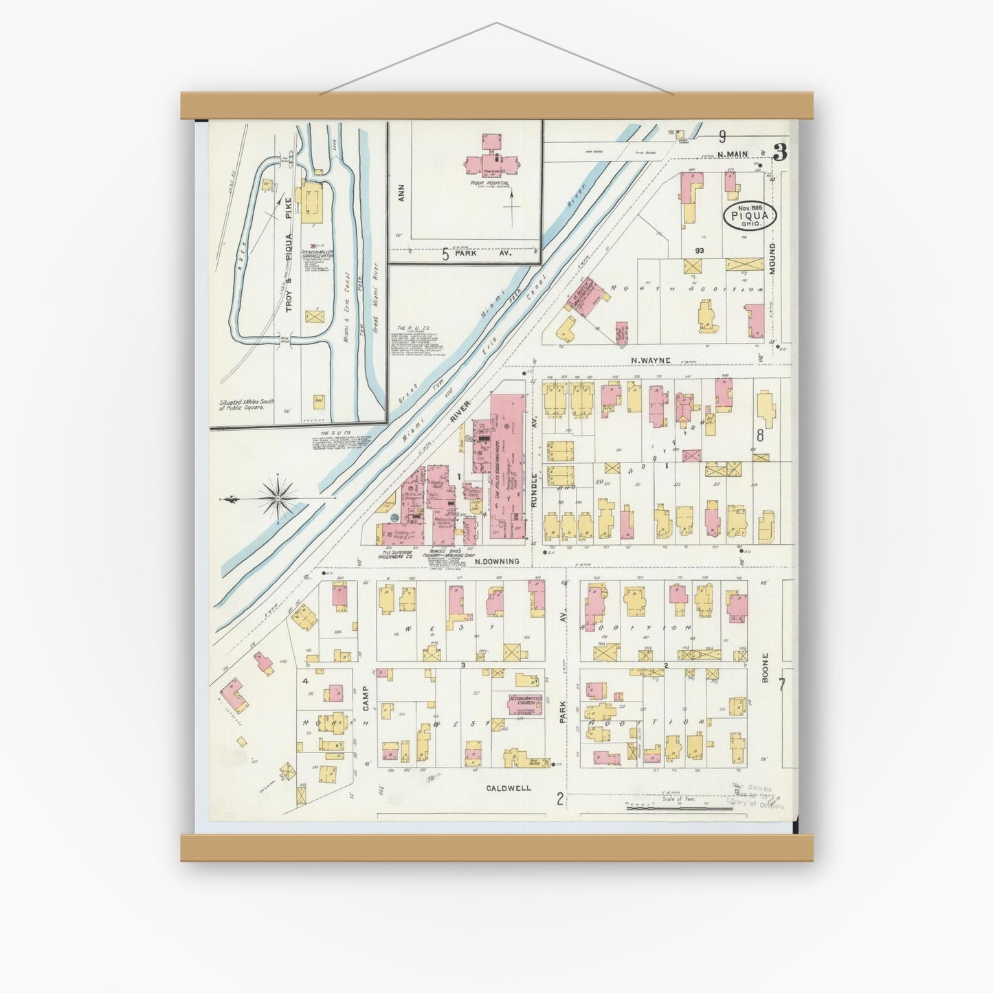 Old map wall art mockup — magnetic wood frame on white wall — Sanborn Fire Insurance Map from Piqua, Miami County, Ohio (1905), Sheet #0003