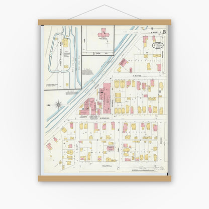 Old map wall art mockup — magnetic wood frame on white wall — Sanborn Fire Insurance Map from Piqua, Miami County, Ohio (1905), Sheet #0003