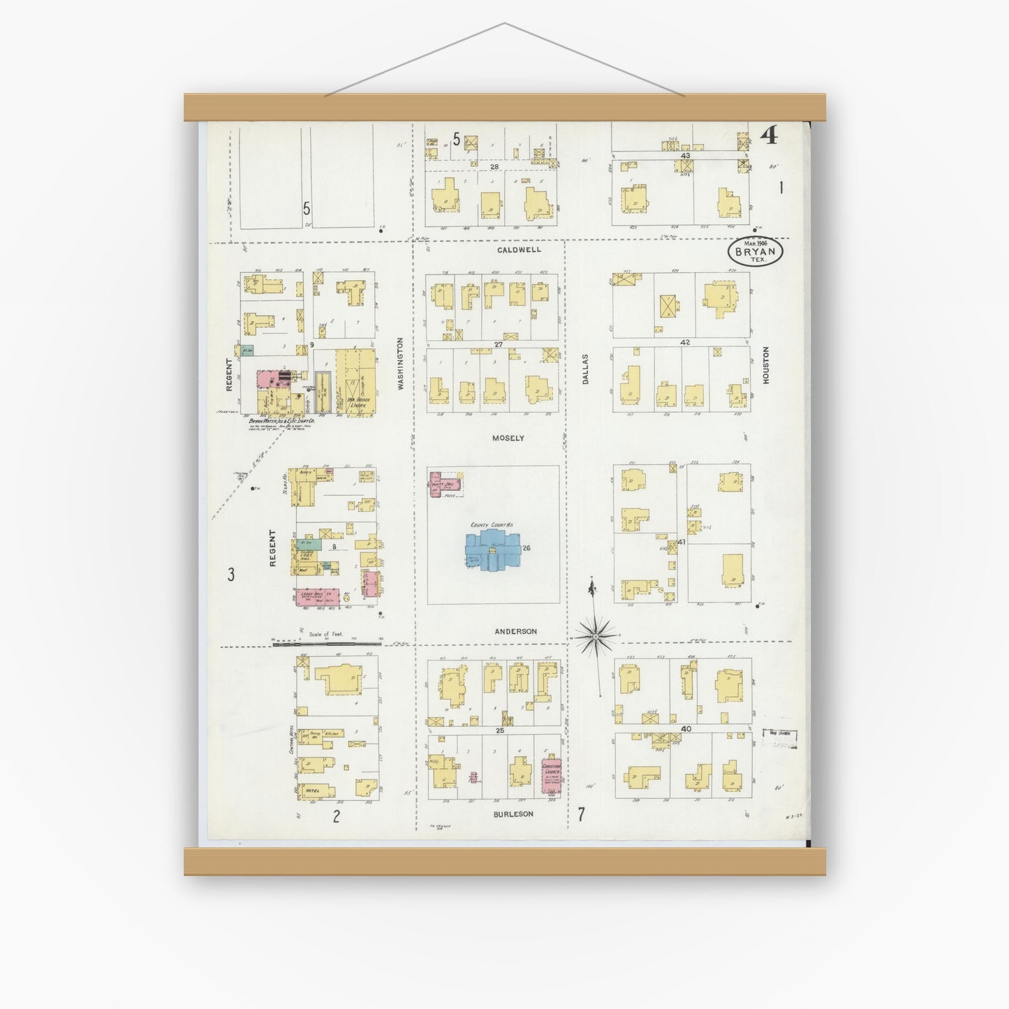 Old map wall art mockup — magnetic wood frame on white wall — Sanborn Fire Insurance Map from Bryan, Brazos County, Texas (1906), Sheet #0004