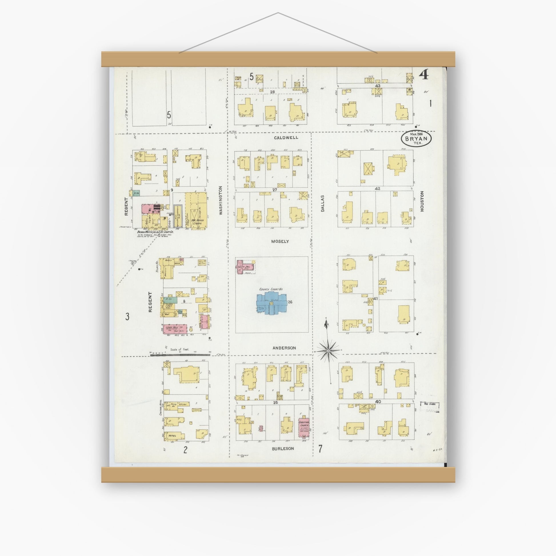 Old map wall art mockup — magnetic wood frame on white wall — Sanborn Fire Insurance Map from Bryan, Brazos County, Texas (1906), Sheet #0004