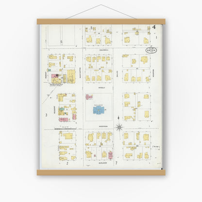 Old map wall art mockup — magnetic wood frame on white wall — Sanborn Fire Insurance Map from Bryan, Brazos County, Texas (1906), Sheet #0004