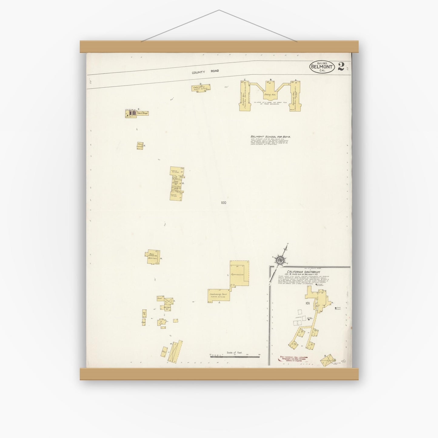 Old map wall art mockup — magnetic wood frame on white wall — Sanborn Fire Insurance Map from Belmont, San Mateo County, California (1913), Sheet #0002