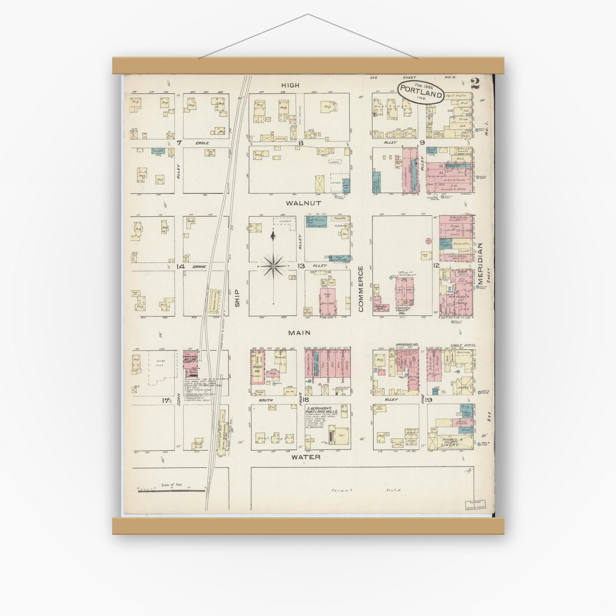 Old map wall art mockup — magnetic wood frame on white wall — Sanborn Fire Insurance Map from Portland, Jay County, Indiana (1886), Sheet #0002