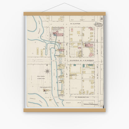 Old map wall art mockup — magnetic wood frame on white wall — Sanborn Fire Insurance Map from Goshen, Elkhart County, Indiana (1886), Sheet #0003