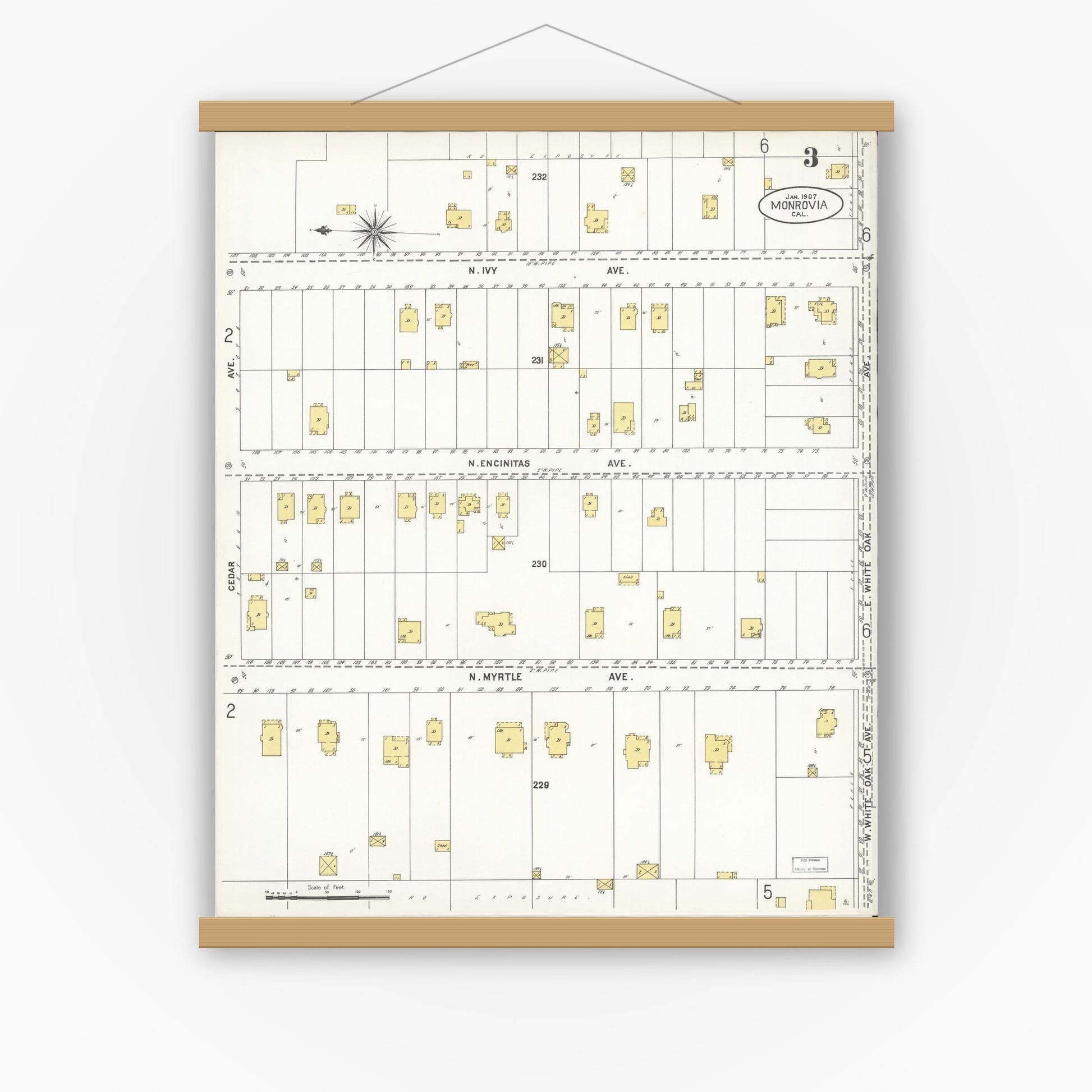 Old map wall art mockup — magnetic wood frame on white wall — Sanborn Fire Insurance Map from Monrovia, Los Angeles County, California (1907), Sheet #0003