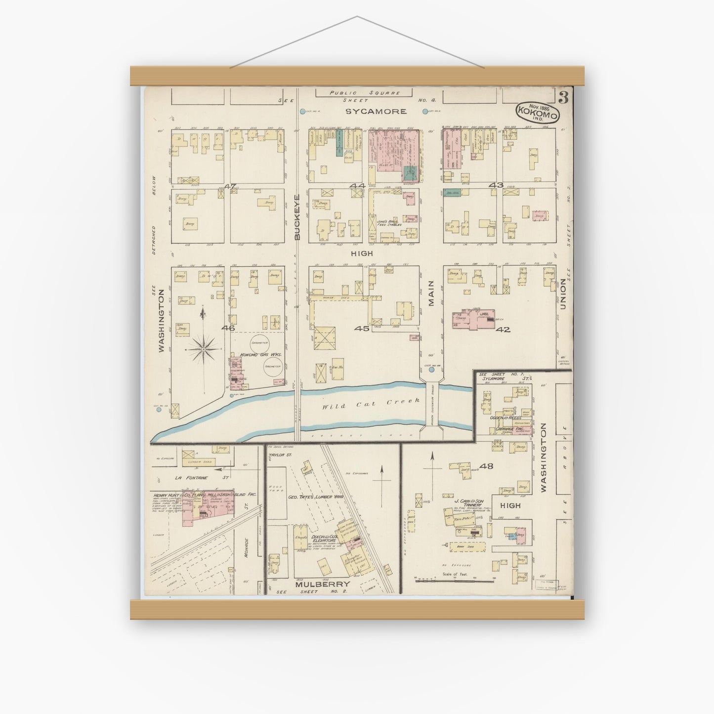 Old map wall art mockup — magnetic wood frame on white wall — Sanborn Fire Insurance Map from Kokomo, Howard County, Indiana (1885), Sheet #0003