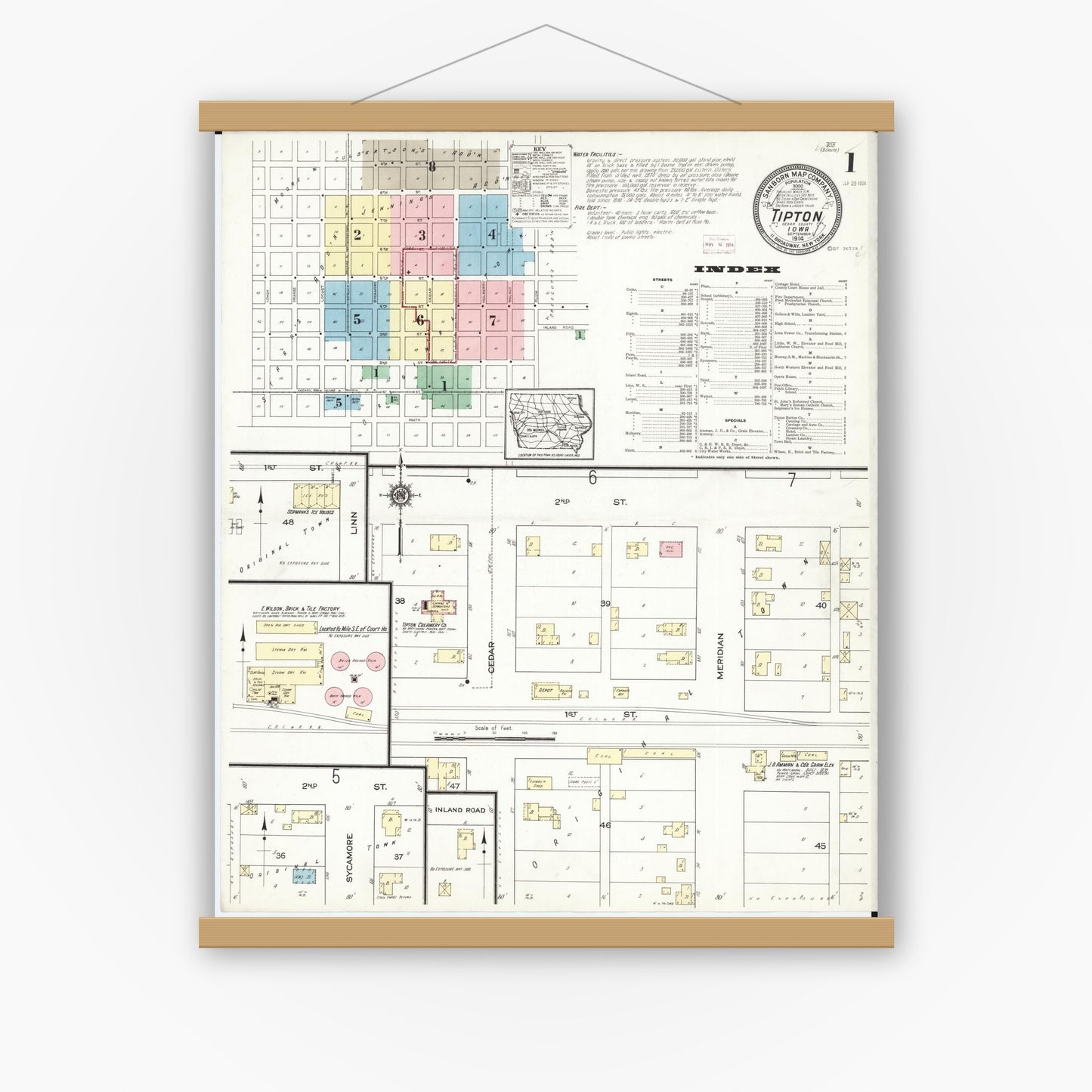Old map wall art mockup — magnetic wood frame on white wall — Sanborn Fire Insurance Map from Tipton, Cedar County, Iowa (1914), Sheet #0001