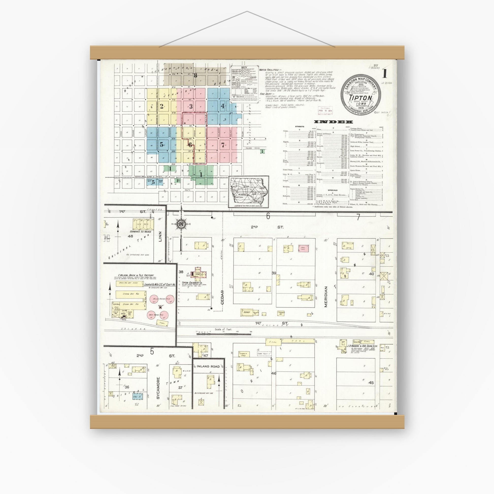 Old map wall art mockup — magnetic wood frame on white wall — Sanborn Fire Insurance Map from Tipton, Cedar County, Iowa (1914), Sheet #0001