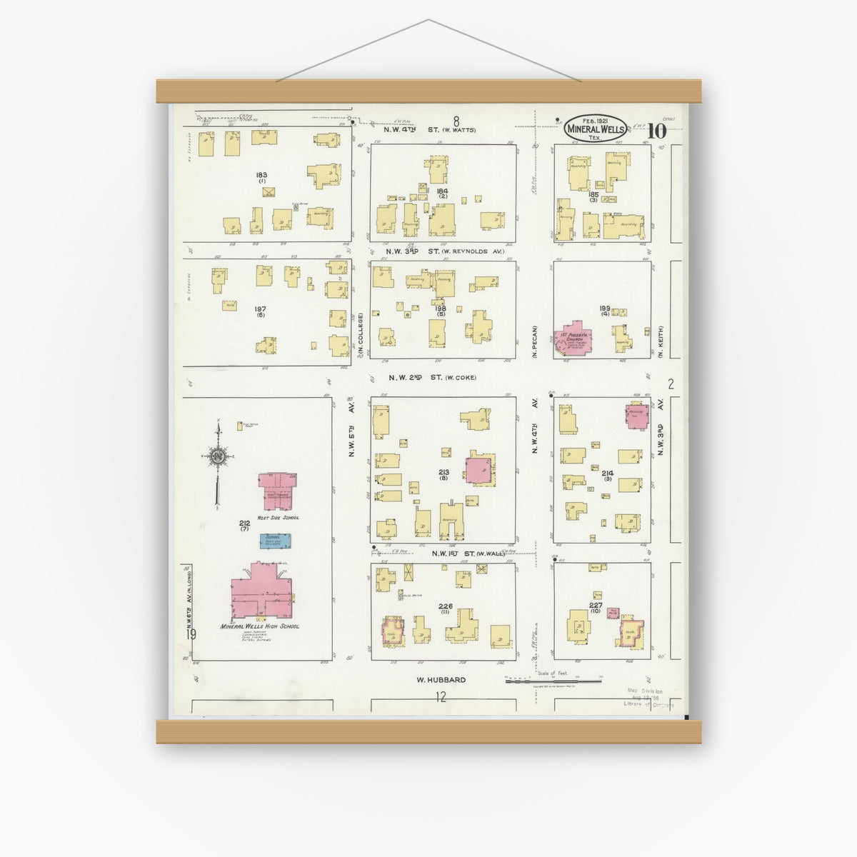 Old map wall art mockup — magnetic wood frame on white wall — Sanborn Fire Insurance Map from Mineral Wells, Palo Pinto County, Texas (1921), Sheet #0010