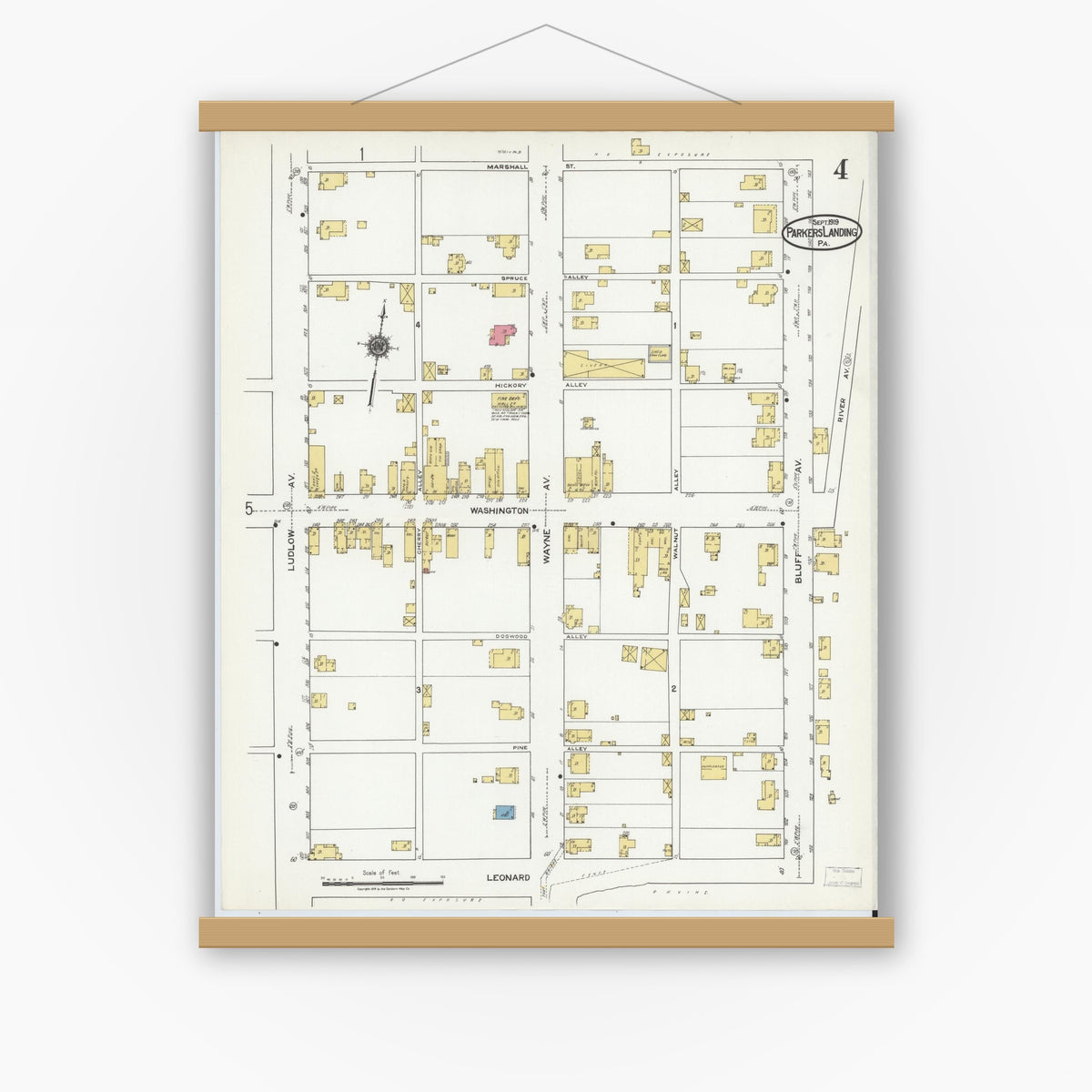 Old map wall art mockup — magnetic wood frame on white wall — Sanborn Fire Insurance Map from Parkers Landing, Armstrong County, Pennsylvania (1919), Sheet #0004