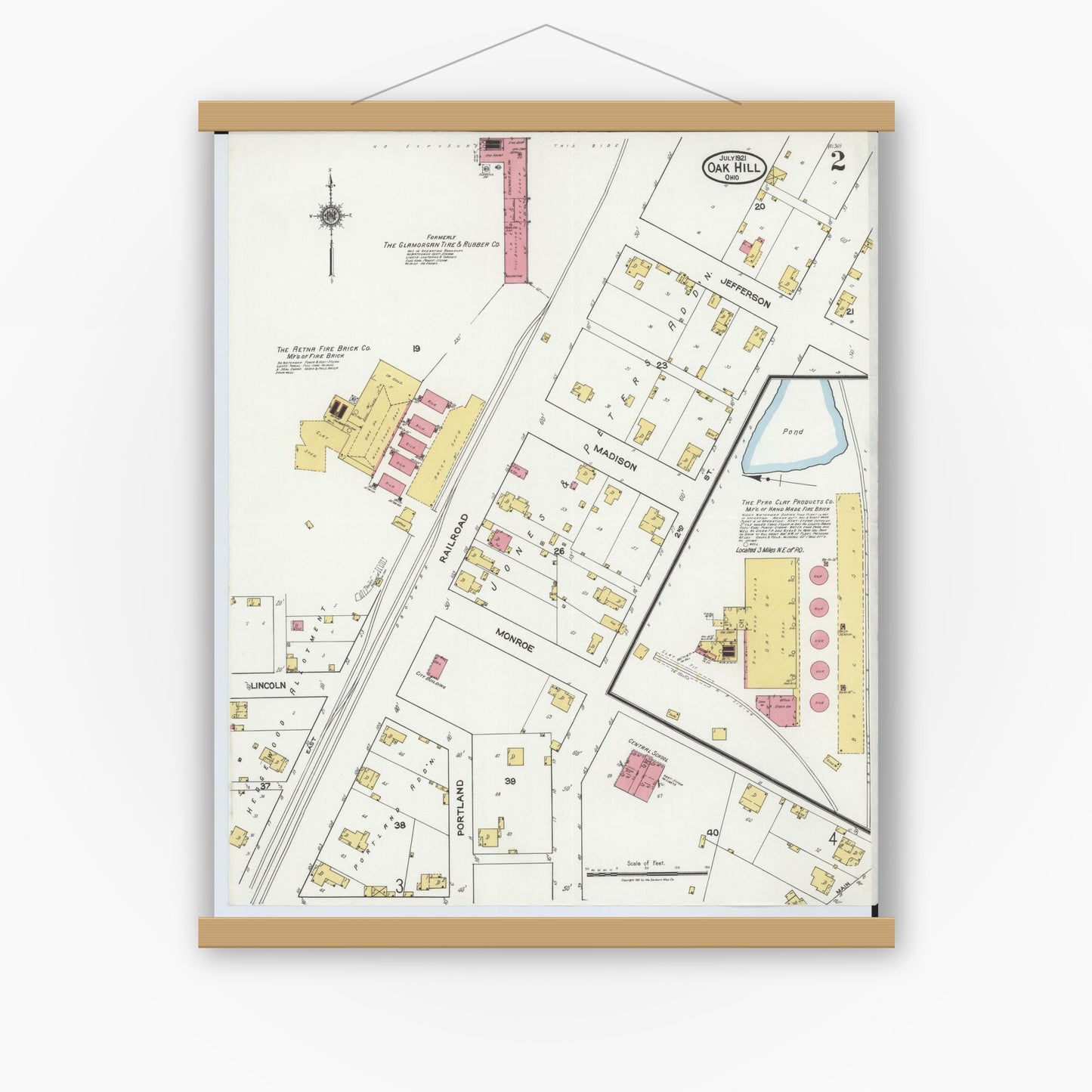Old map wall art mockup — magnetic wood frame on white wall — Sanborn Fire Insurance Map from Oak Hill, Jackson County, Ohio (1921), Sheet #0002