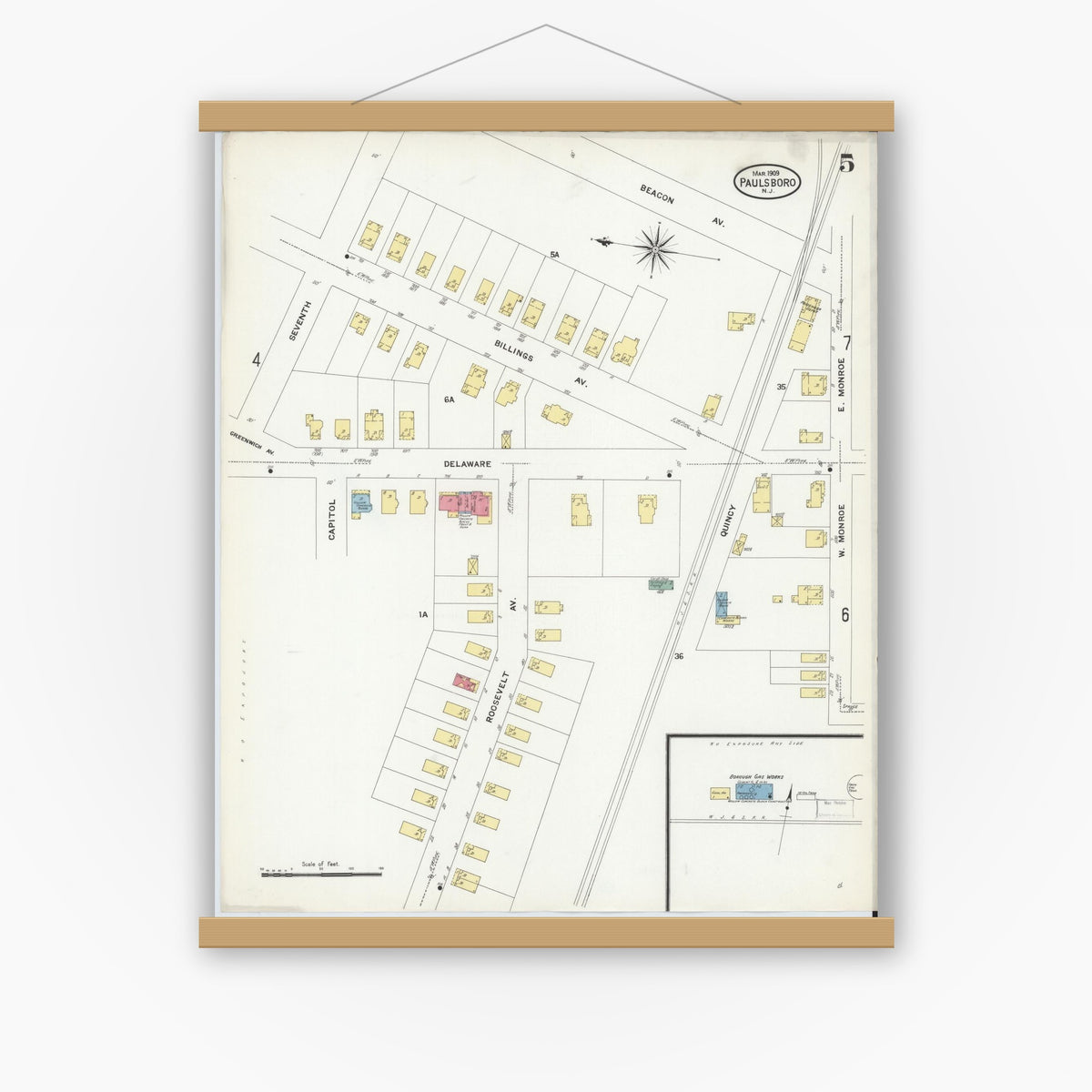 Old map wall art mockup — magnetic wood frame on white wall — Sanborn Fire Insurance Map from Paulsboro, Gloucester County, New Jersey (1909), Sheet #0005