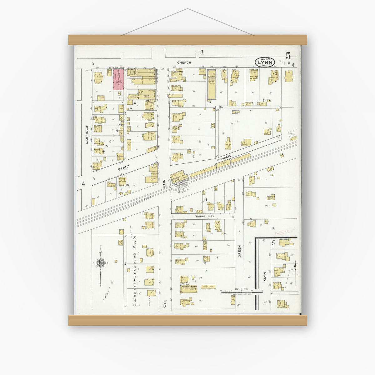 Old map wall art mockup — magnetic wood frame on white wall — Sanborn Fire Insurance Map from Lynn, Randolph County, Indiana (1920), Sheet #0005