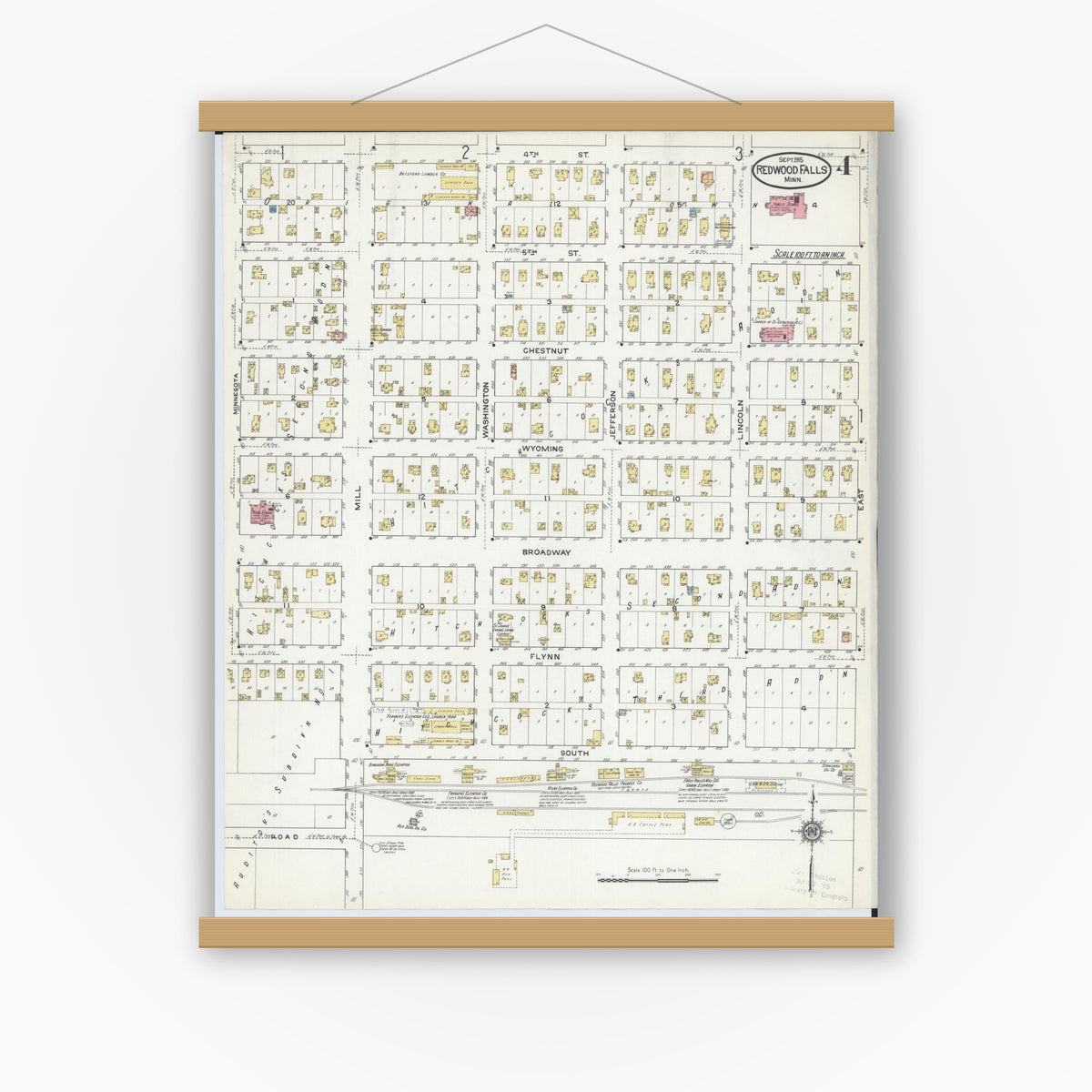 Old map wall art mockup — magnetic wood frame on white wall — Sanborn Fire Insurance Map from Redwood Falls, Redwood County, Minnesota (1915), Sheet #0004
