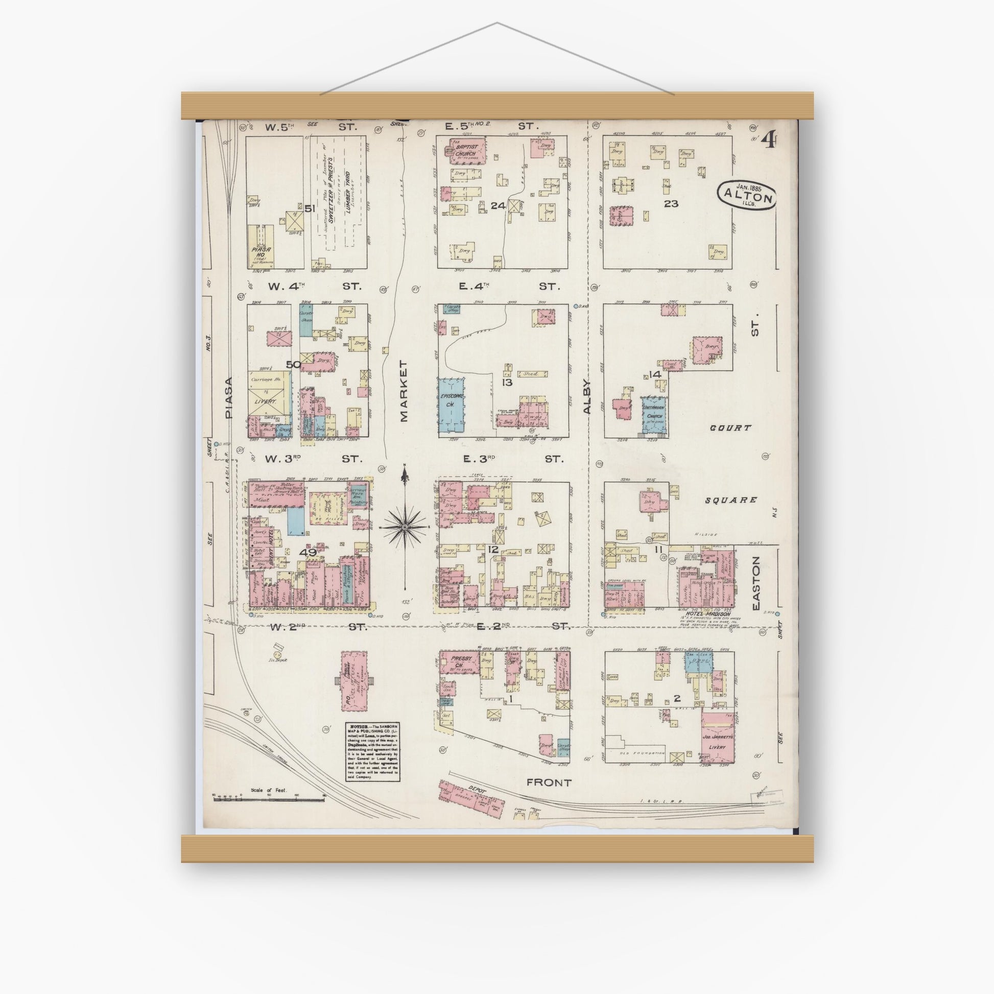 Old map wall art mockup — magnetic wood frame on white wall — Sanborn Fire Insurance Map from Alton, Madison County, Illinois (1885), Sheet #0004