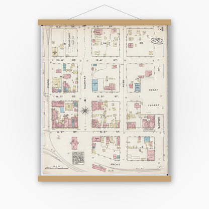 Old map wall art mockup — magnetic wood frame on white wall — Sanborn Fire Insurance Map from Alton, Madison County, Illinois (1885), Sheet #0004