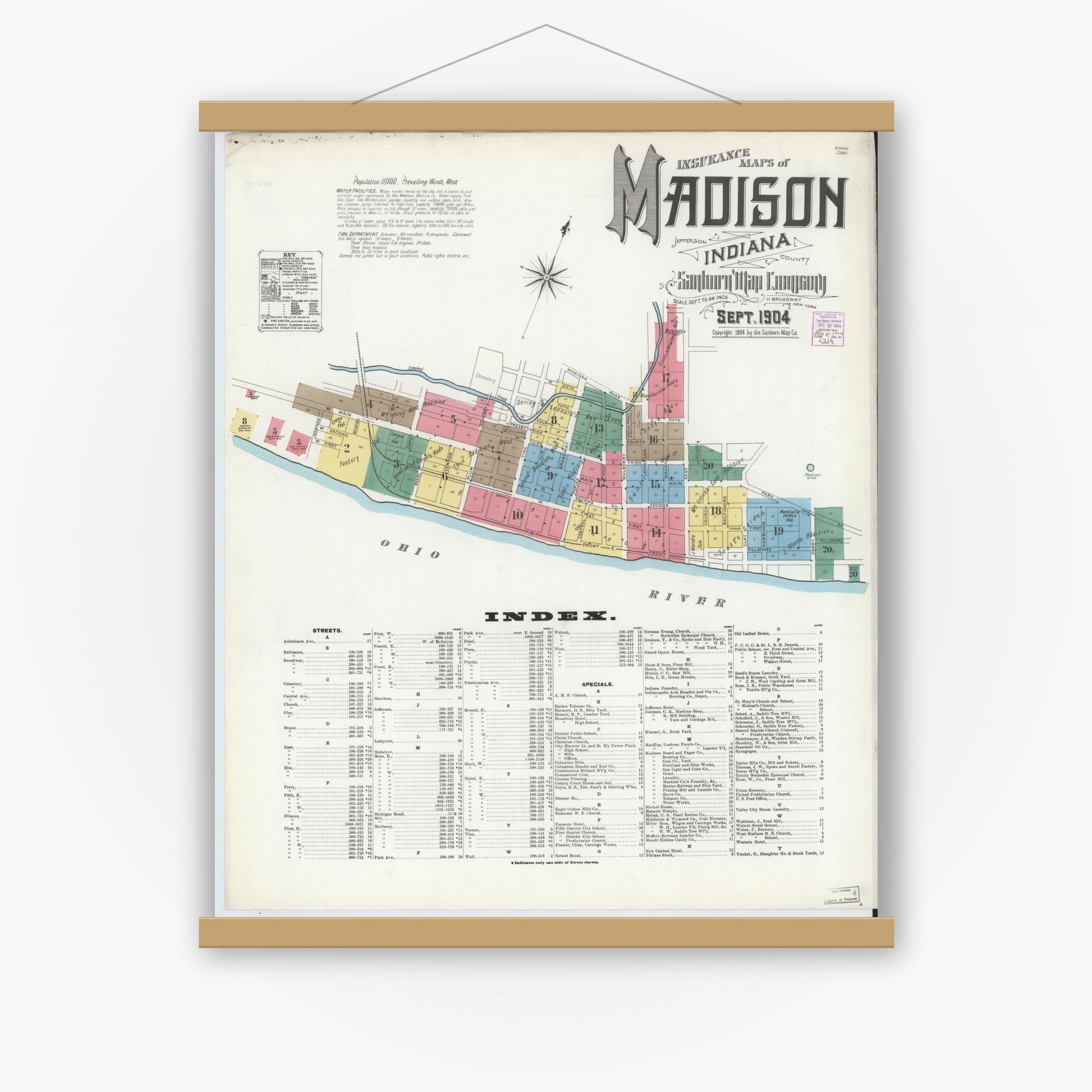 Old map wall art mockup — magnetic wood frame on white wall — Sanborn Fire Insurance Map from Madison, Jefferson County, Indiana (1904), Sheet #0001