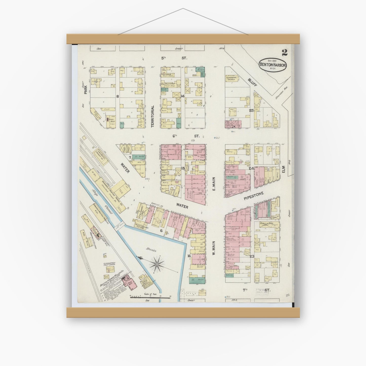 Old map wall art mockup — magnetic wood frame on white wall — Sanborn Fire Insurance Map from Benton Harbor, Berrien County, Michigan (1889), Sheet #0002