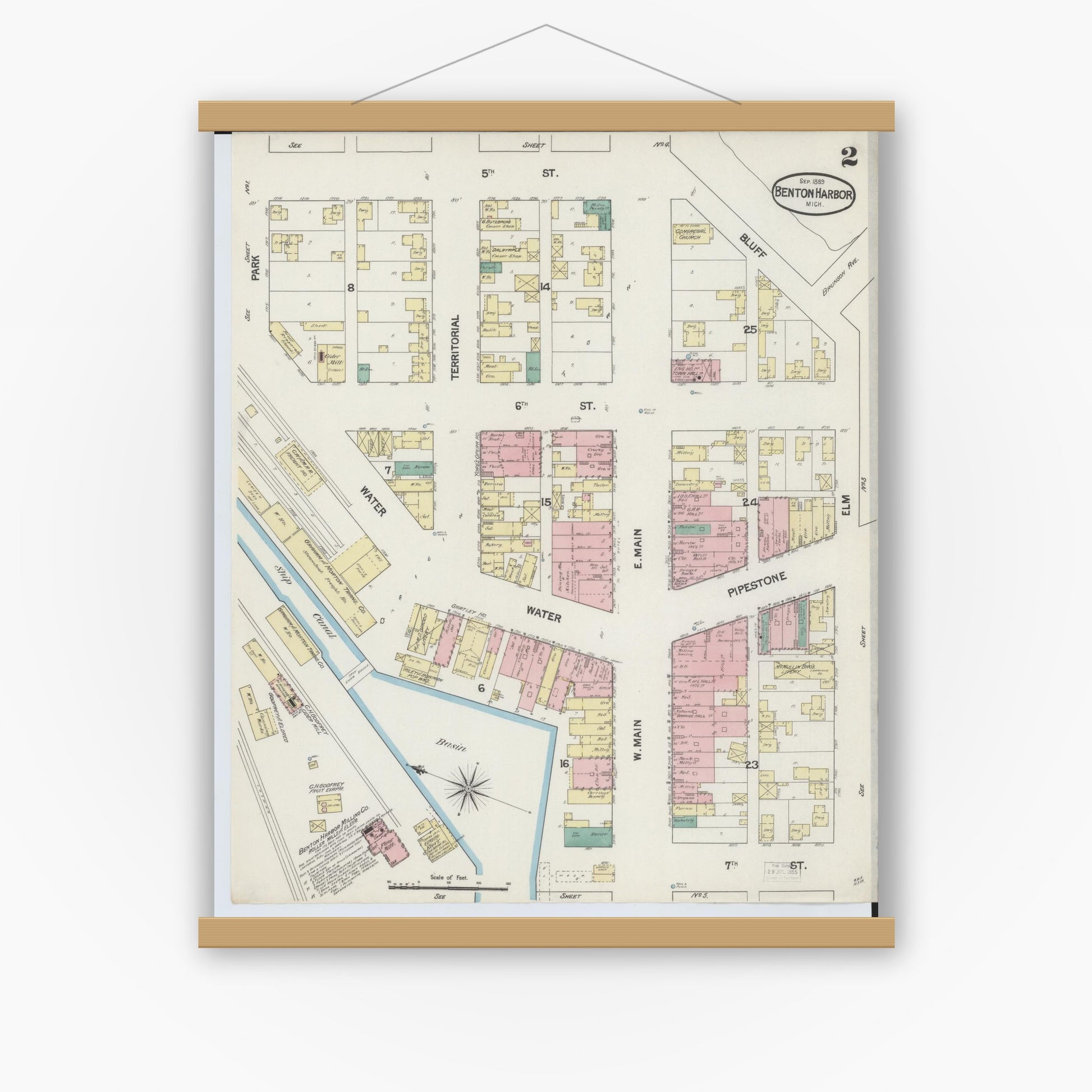 Old map wall art mockup — magnetic wood frame on white wall — Sanborn Fire Insurance Map from Benton Harbor, Berrien County, Michigan (1889), Sheet #0002