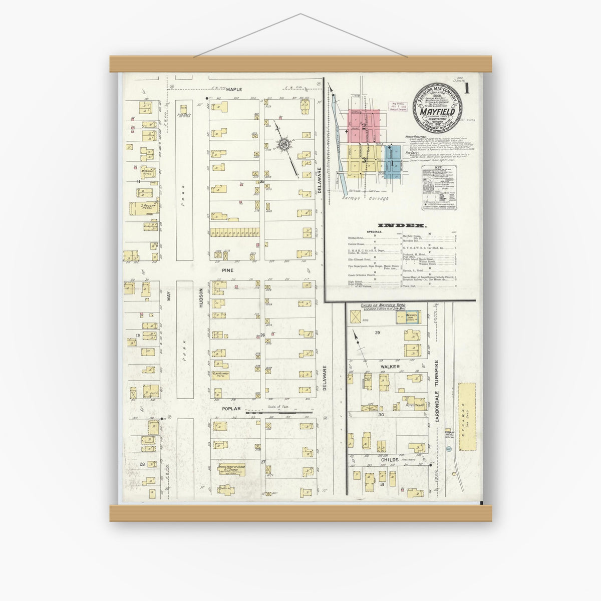 Old map wall art mockup — magnetic wood frame on white wall — Sanborn Fire Insurance Map from Mayfield, Lackawanna County, Pennsylvania (1912), Sheet #0001