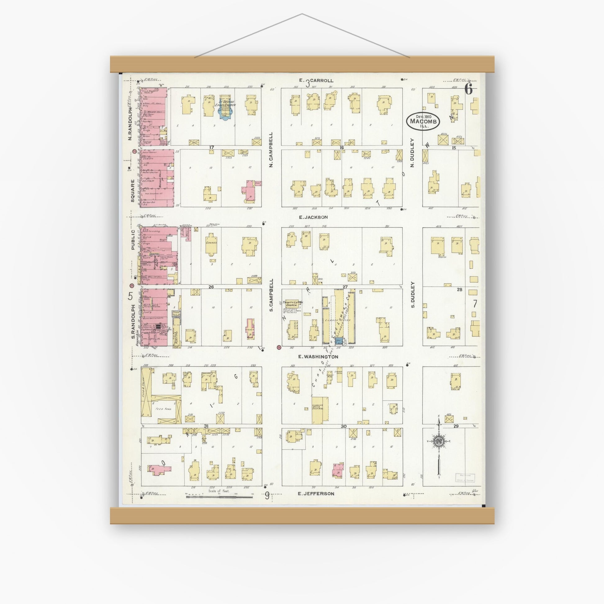 Old map wall art mockup — magnetic wood frame on white wall — Sanborn Fire Insurance Map from Macomb, Mcdonough County, Illinois (1910), Sheet #0006