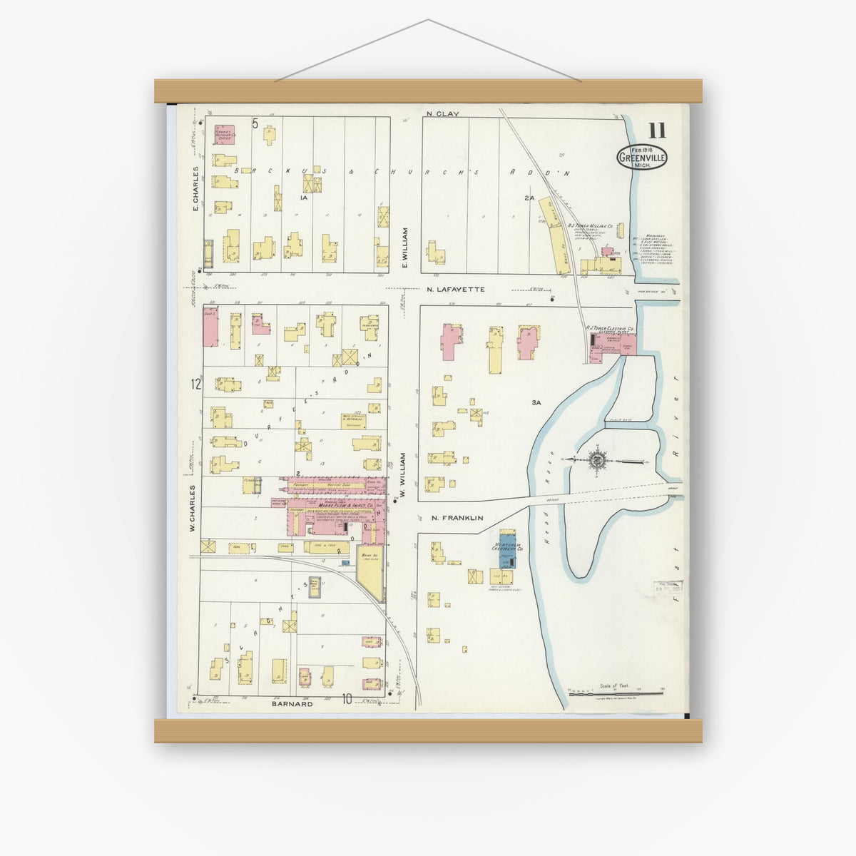 Old map wall art mockup — magnetic wood frame on white wall — Sanborn Fire Insurance Map from Greenville, Montcalm County, Michigan (1918), Sheet #0011