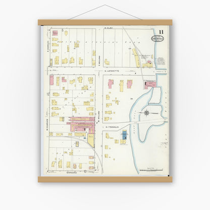 Old map wall art mockup — magnetic wood frame on white wall — Sanborn Fire Insurance Map from Greenville, Montcalm County, Michigan (1918), Sheet #0011