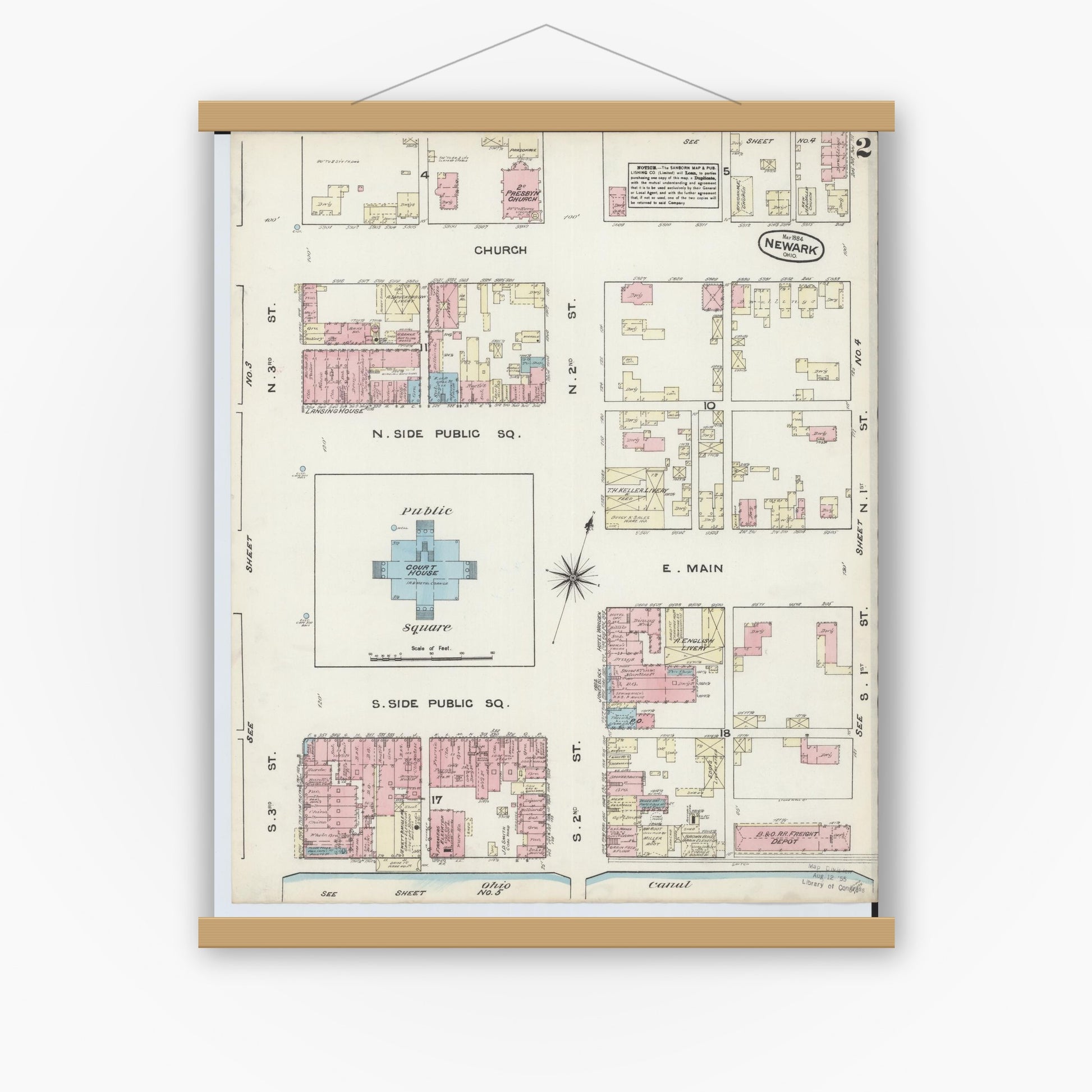 Old map wall art mockup — magnetic wood frame on white wall — Sanborn Fire Insurance Map from Newark, Licking County, Ohio (1884), Sheet #0002