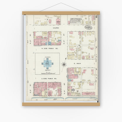 Old map wall art mockup — magnetic wood frame on white wall — Sanborn Fire Insurance Map from Newark, Licking County, Ohio (1884), Sheet #0002