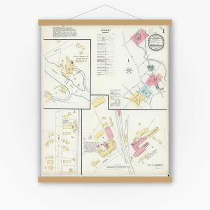 Old map wall art mockup — magnetic wood frame on white wall — Sanborn Fire Insurance Map from Bridgewater, Plymouth County, Massachusetts (1896) - Complete Map Set